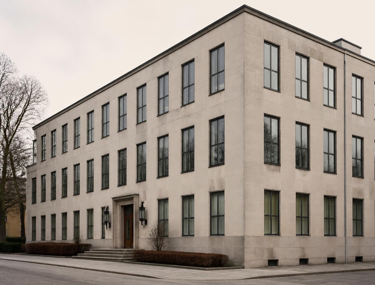 Nordisk funktionalistisk stenfasad i mjukt dagsljus